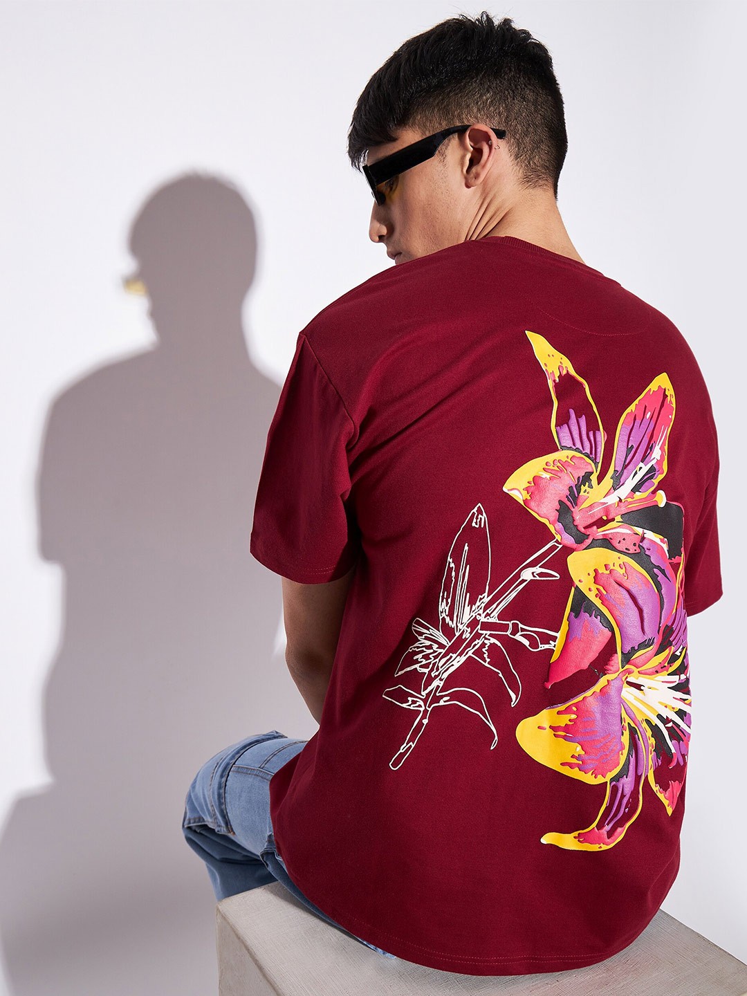 

FUGAZEE Maroon Floral Printed Drop Shoulder Sleeves Pure Cotton Oversized T-Shirt