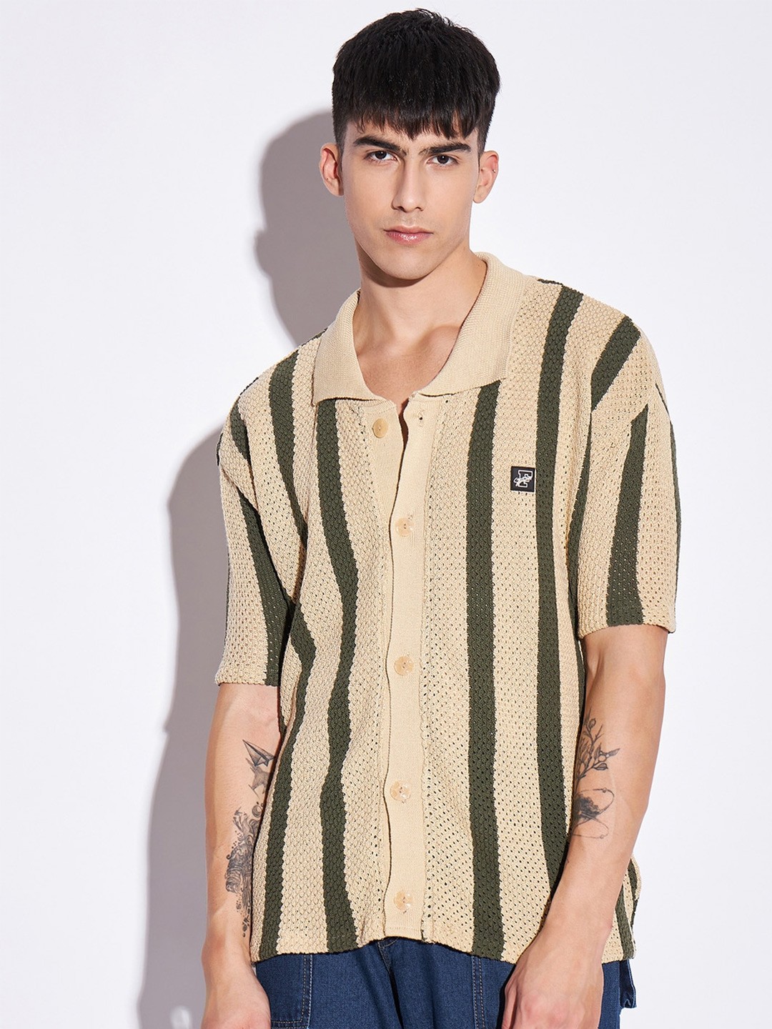 

FUGAZEE Men Beige Relaxed Boxy Semi Sheer Self Design Casual Knitted Crochet Shirt