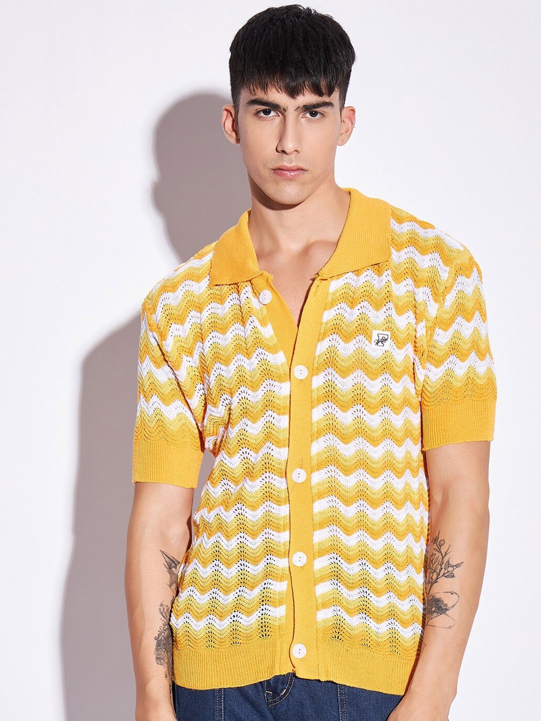 

FUGAZEE Yellow Relaxed Boxy Semi Sheer Self Design Casual Knitted Crochet Shirt