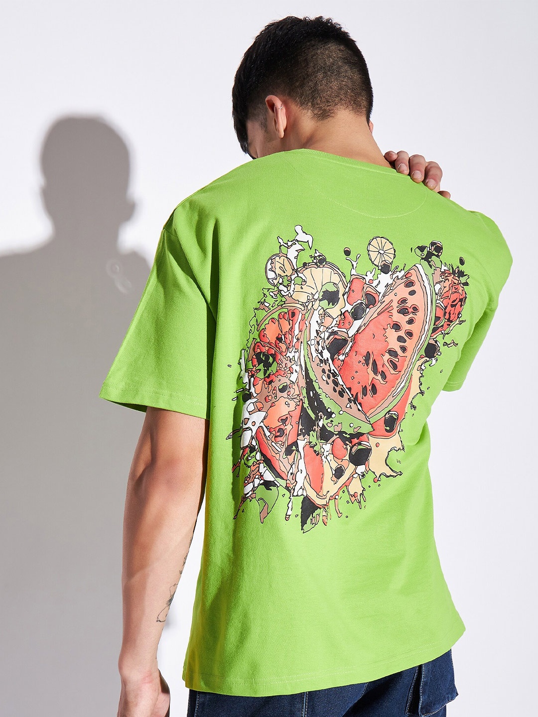 

FUGAZEE Green Graphic Printed Drop Shoulder Sleeves Pure Cotton Oversized T-Shirt