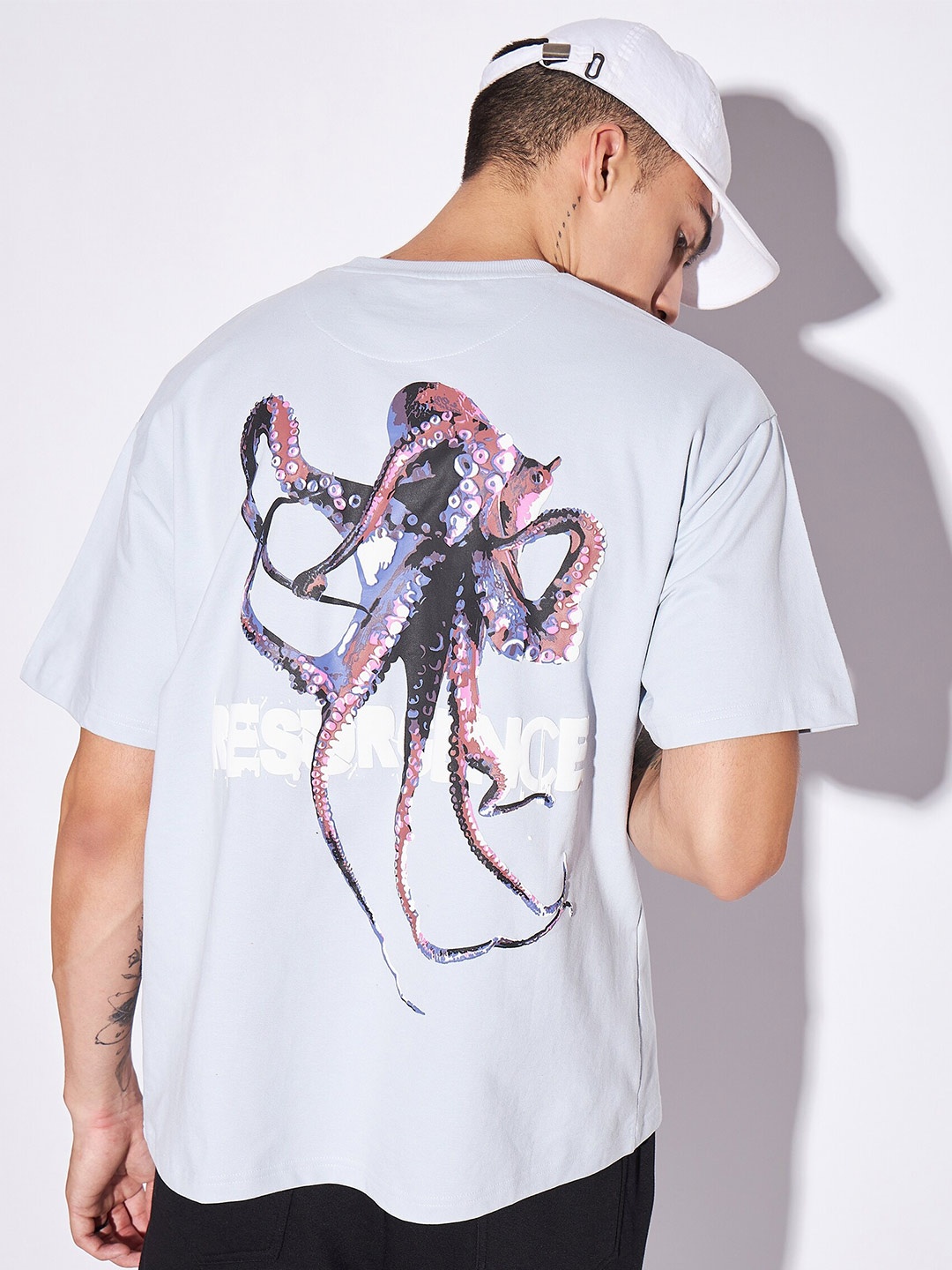

FUGAZEE Blue Graphic Printed Drop Shoulder Sleeves Pure Cotton Oversized T-Shirt