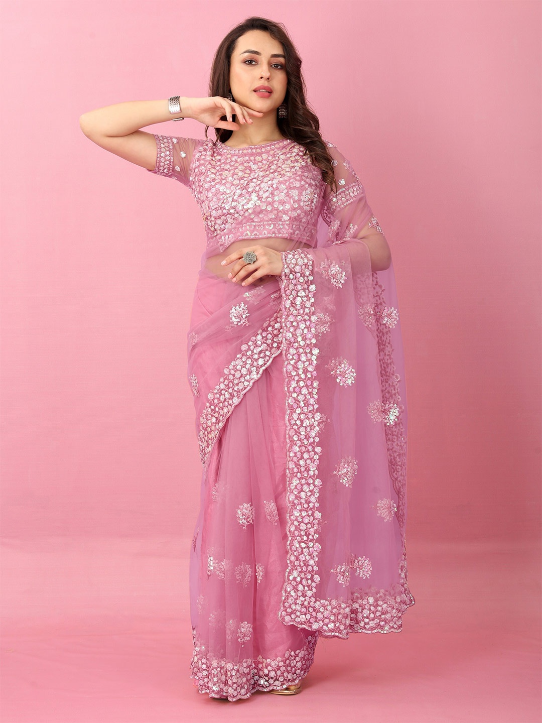 

JSItaliya Floral Embellished Sequinned Net Saree, Pink