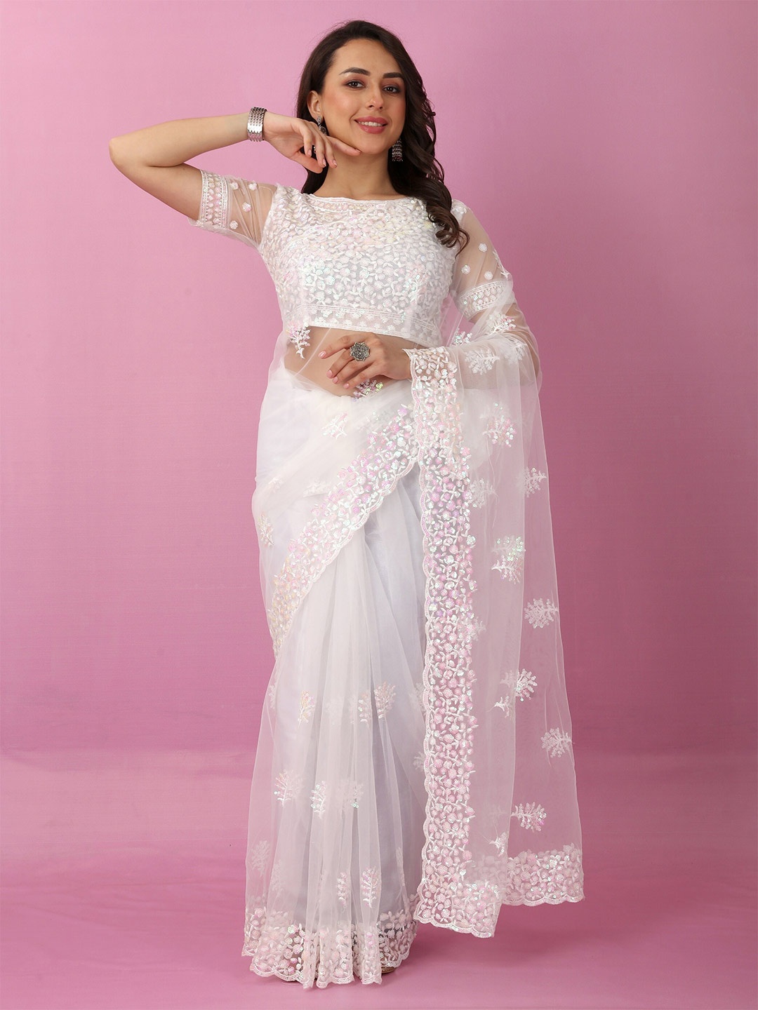 

JSItaliya Floral Embellished Sequinned Net Saree, White