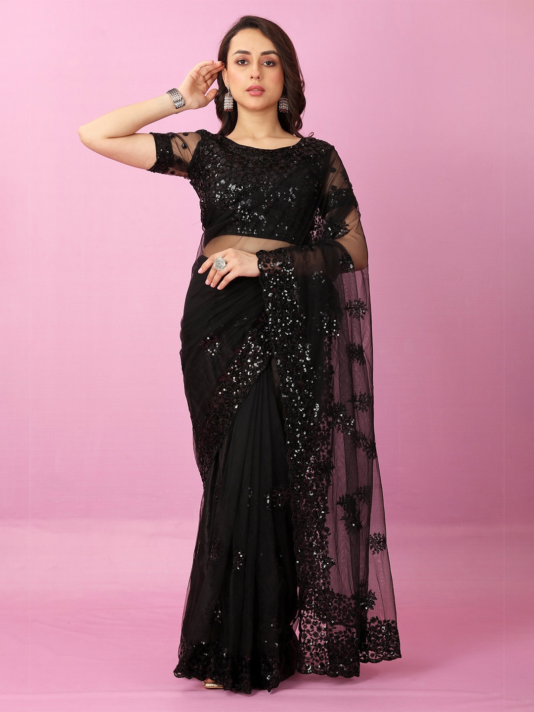 

JSItaliya Floral Embellished Sequinned Net Saree, Black