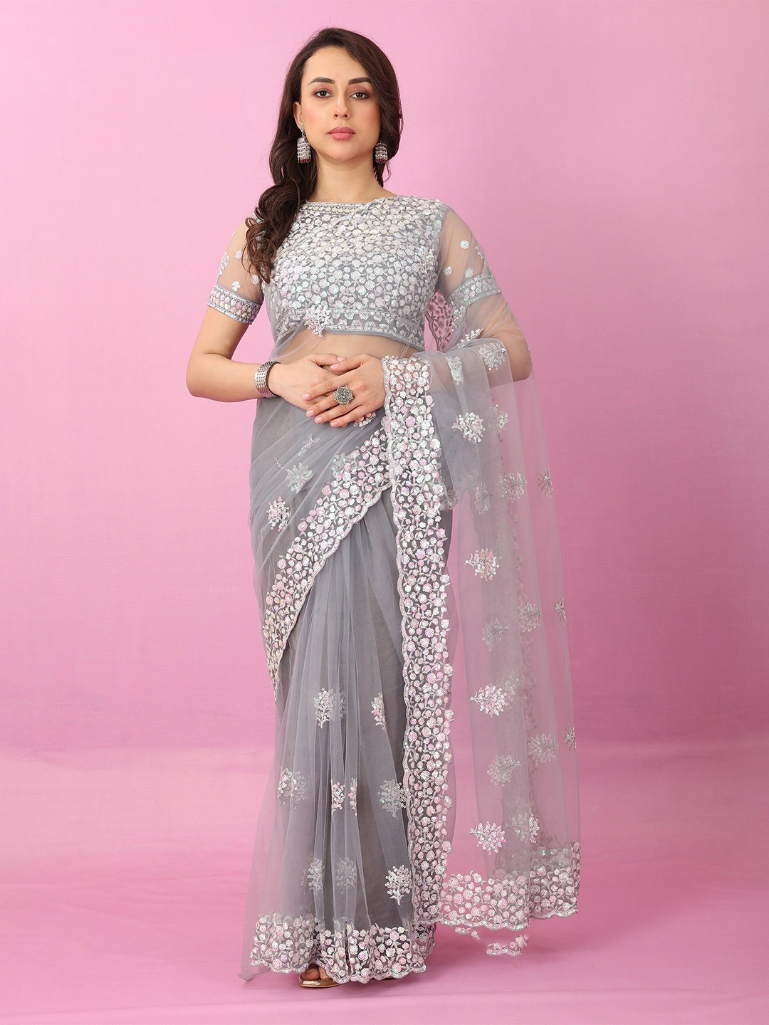 

JSItaliya Floral Embellished Sequinned Net Saree, Grey