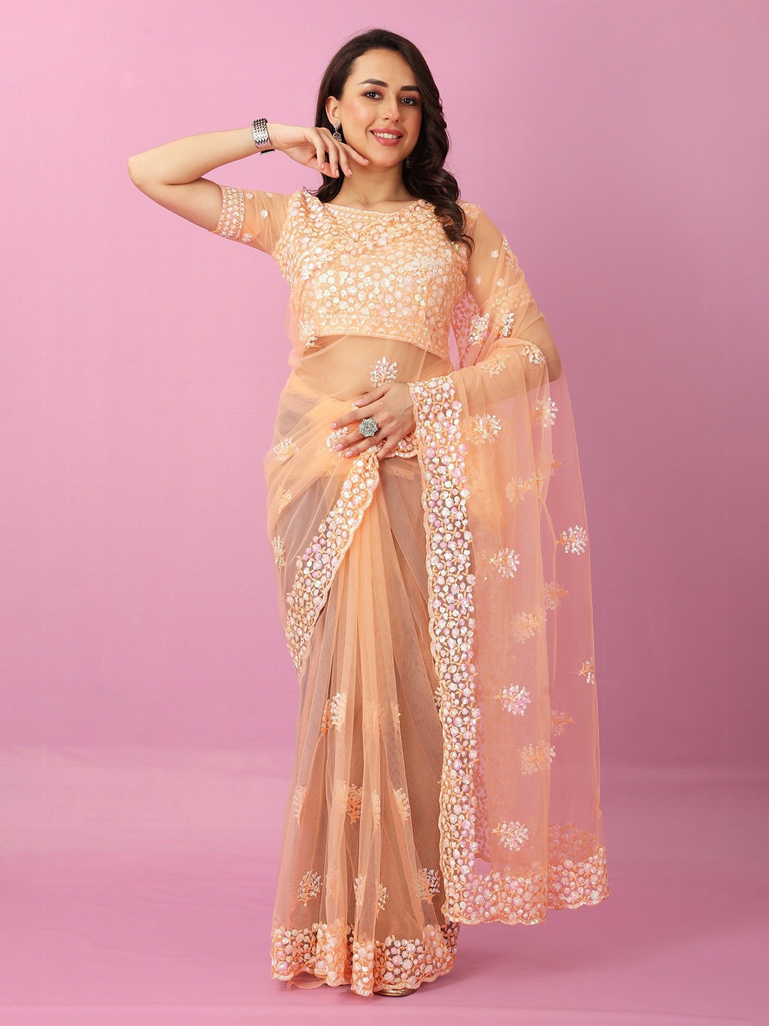 

JSItaliya Floral Embellished Sequinned Net Saree, Peach