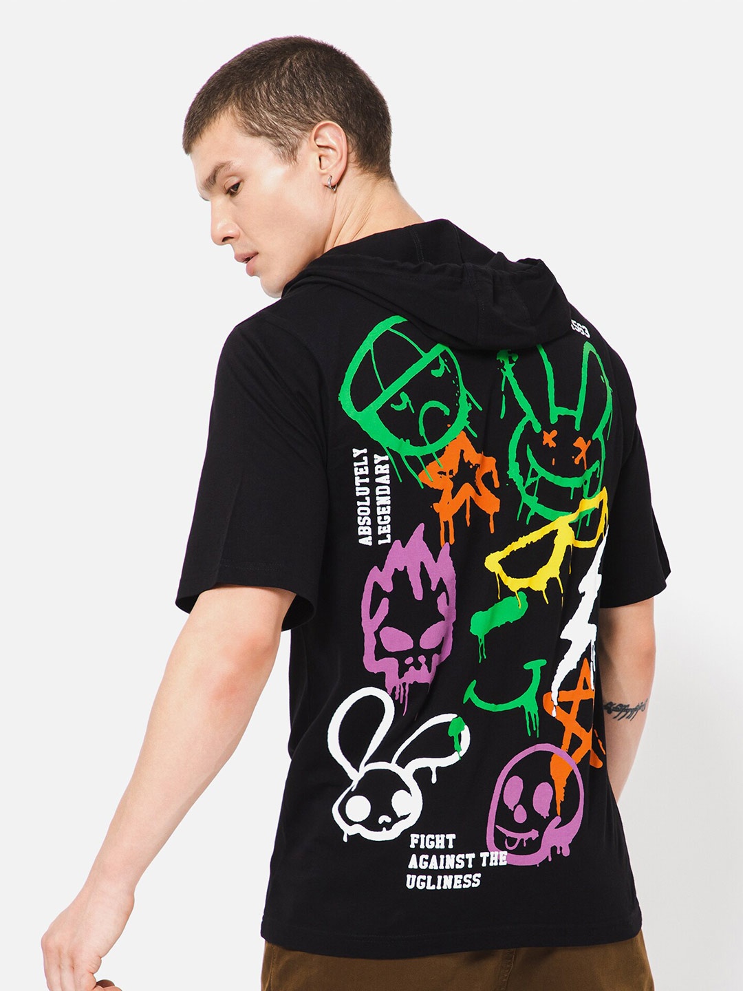 

PUNK Graphic Printed Oversized Cotton T-shirt, Black