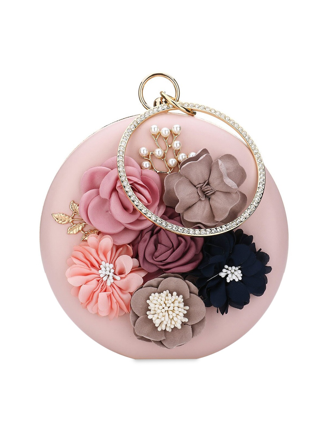 

YouBella Women Flower Motifs Attached Round Shape Box Clutch, Pink