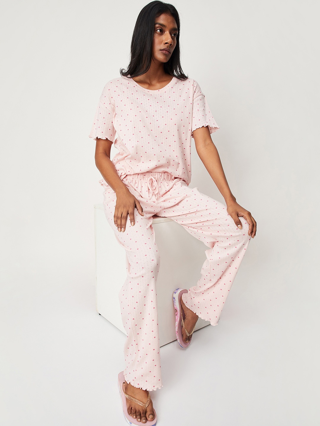 

max Polka Dots Printed Pure Cotton Night suit, Pink