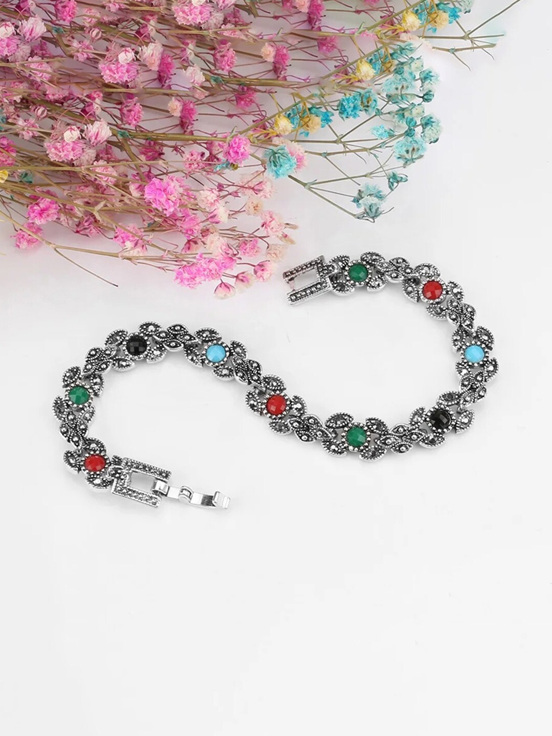 

YouBella Women Silver-Plated Stone Studded Link Bracelet