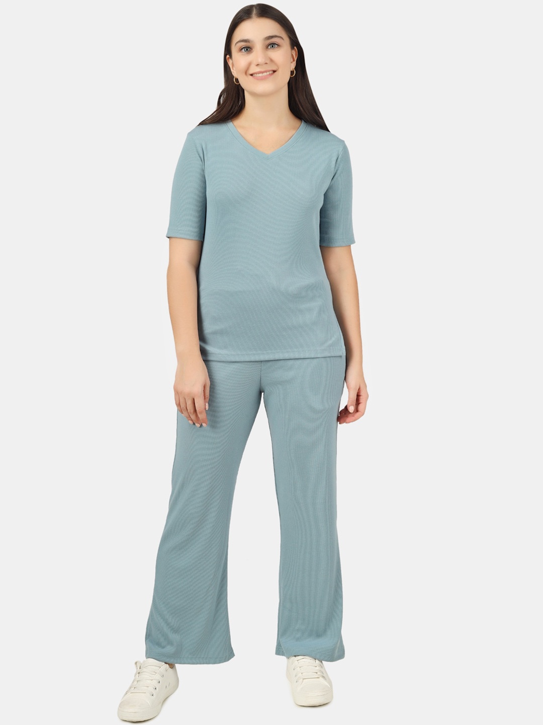 

HILL STREET Women V-Neck T-Shirt & Trouser, Blue