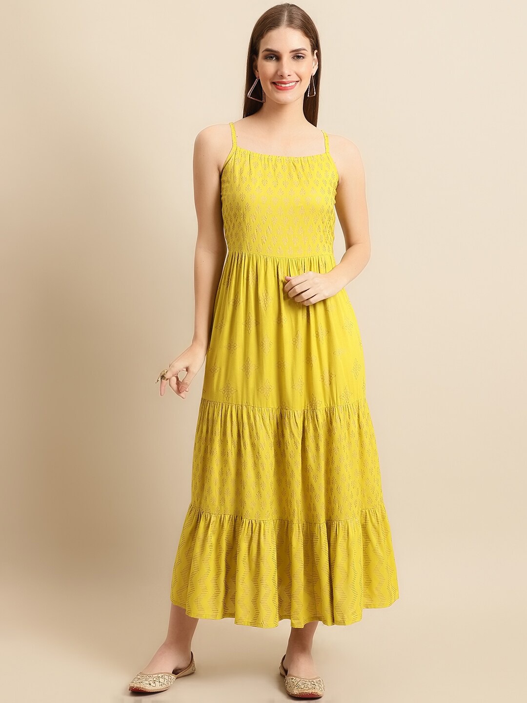 

Sangria Lime Green Ethnic Motifs Foil Printed Tiered Cotton Ethnic Dress