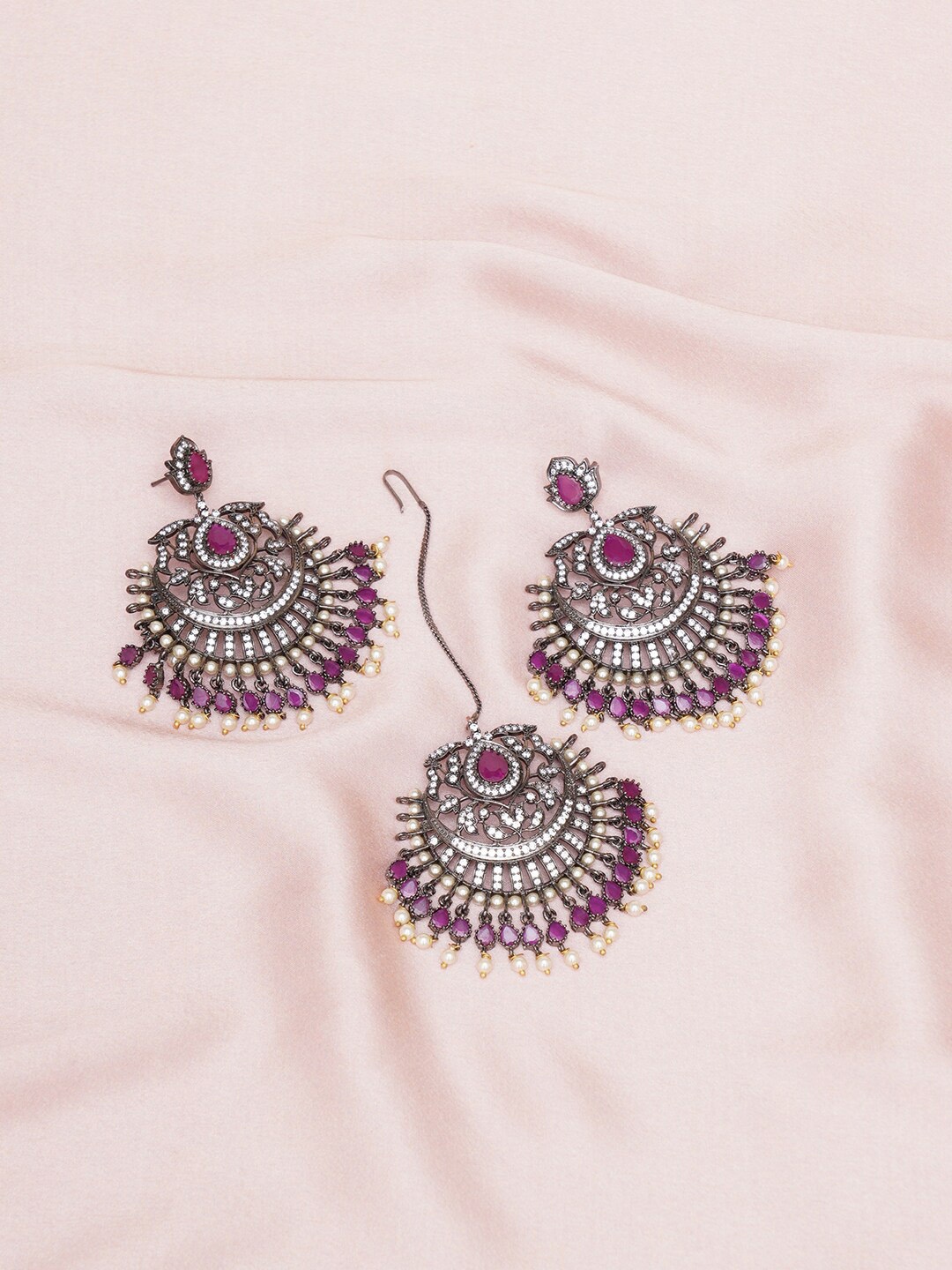 

RITU SINGH Rhodium-Plated Stone-Studded & Beaded Earrings With Maang Tikka, Silver