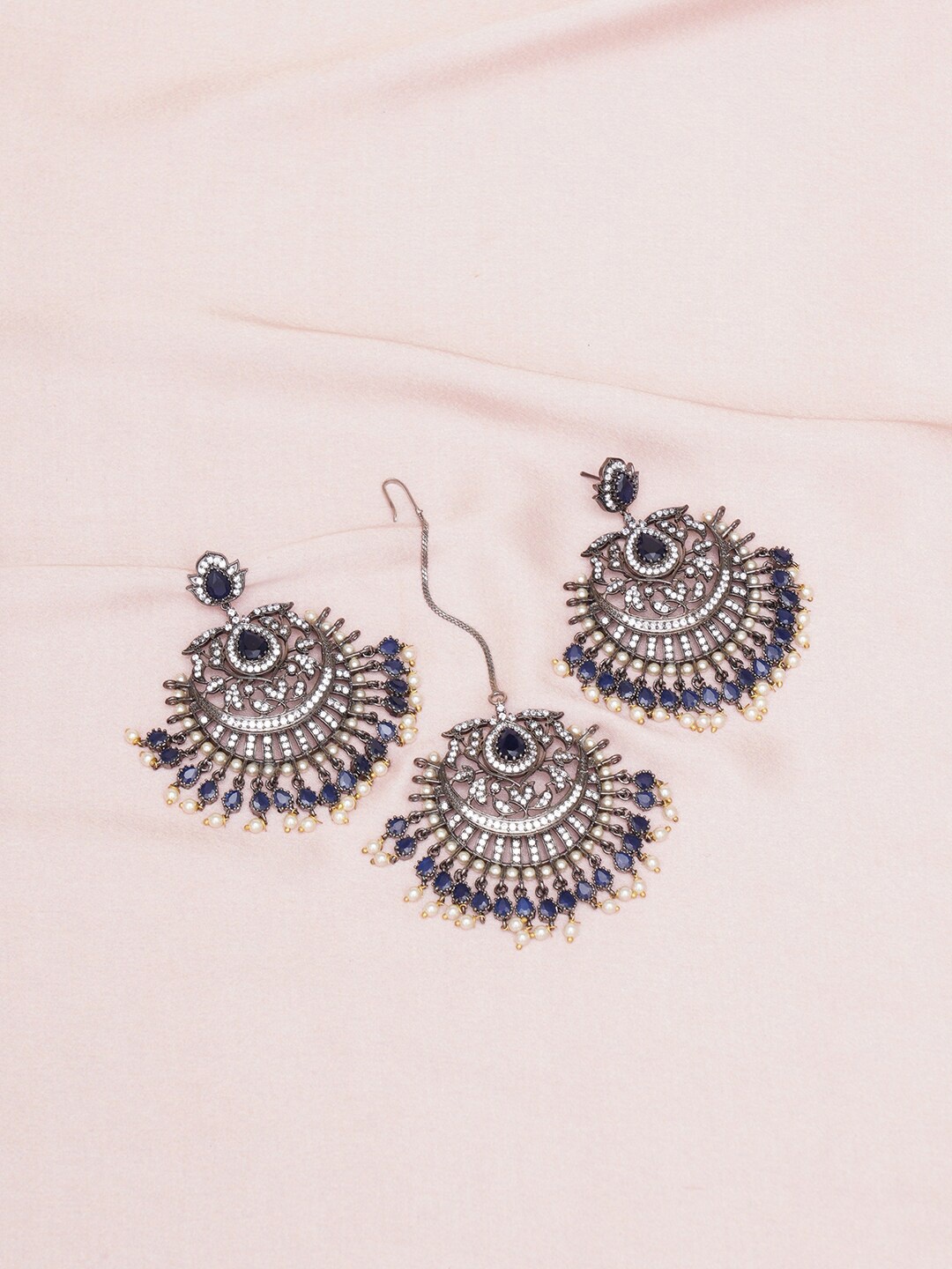 

RITU SINGH Rhodium-Plated Stone-Studded & Beaded Earrings With Maang Tikka, Silver