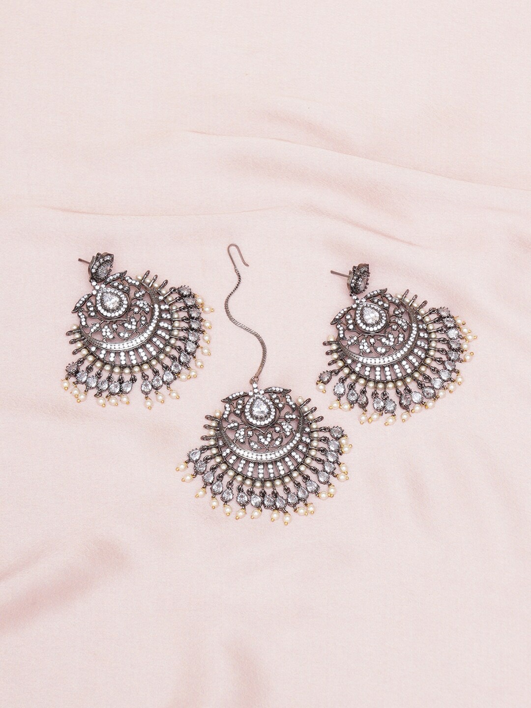 

RITU SINGH Rhodium-Plated CZ-Studded & Beaded Earrings With Maangtika, Silver