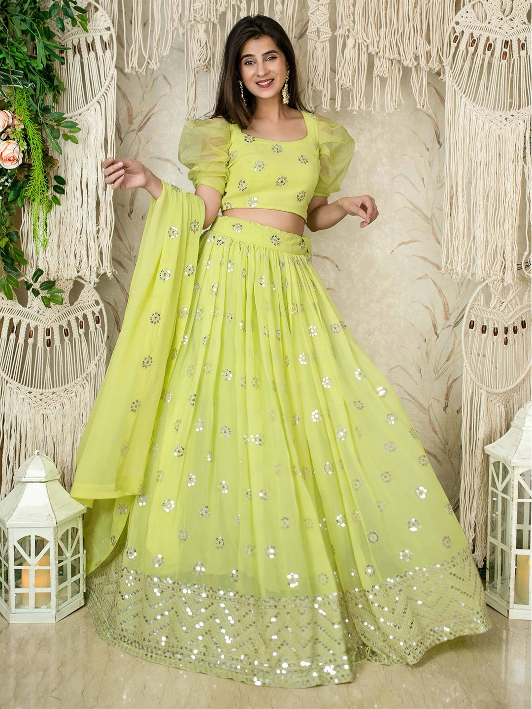 

FABPIXEL Embroidered Sequinned Semi-Stitched Lehenga & Unstitched Blouse With Dupatta, Lime green