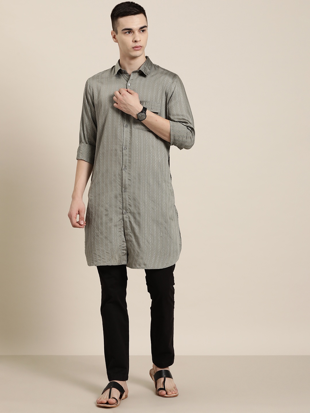 

HERE&NOW Men Woven Design Geometric Kurta, Grey melange