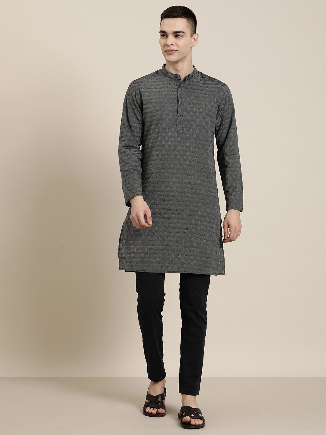 

HERE&NOW Men Woven Design Geometric Kurta, Grey