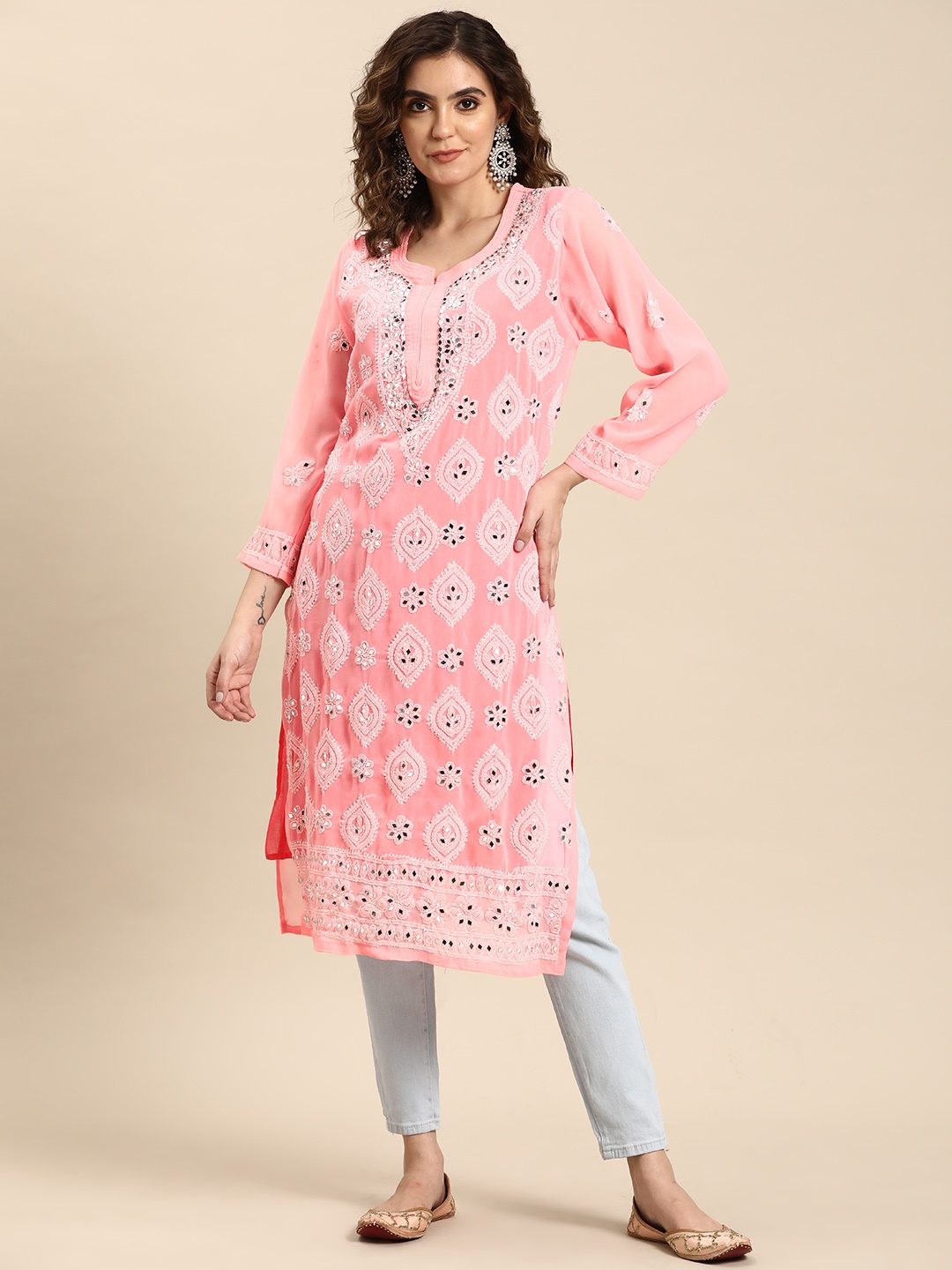 

Saadgi Embroidered Chikankari Shadow Work Mirror Work Georgette Fusion Kurta, Peach