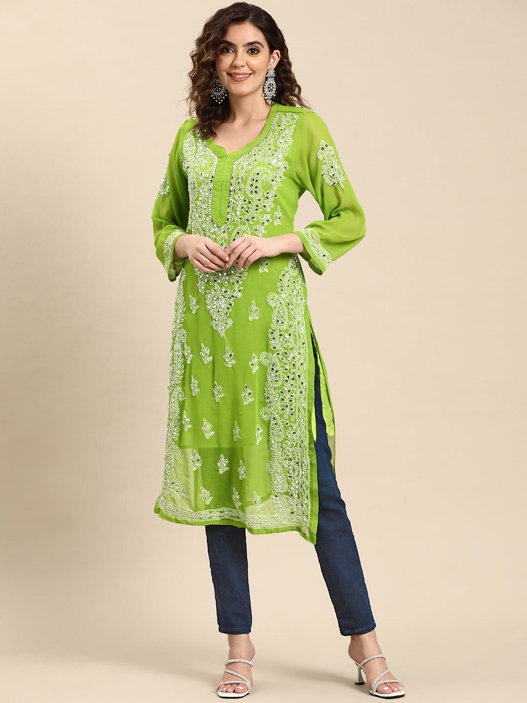 

Saadgi Embroidered Chikankari Summer Sheers Mirror Work Georgette Fusion Kurta, Green