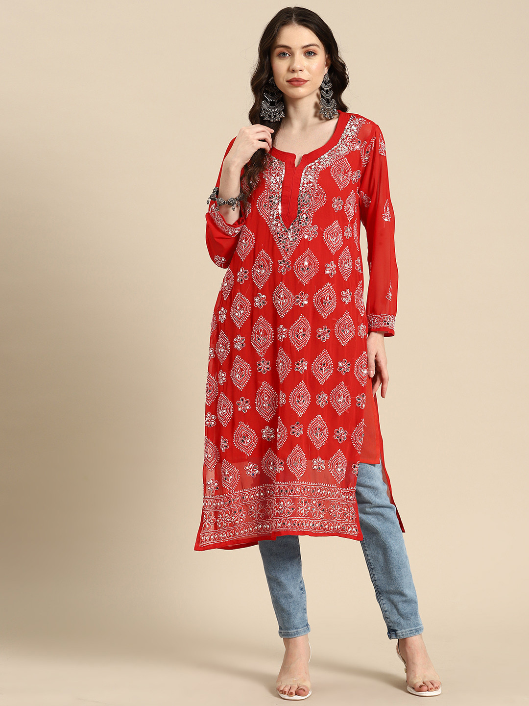 

Saadgi Women Embroidered Chikankari Mirror Work Georgette Kurta, Red