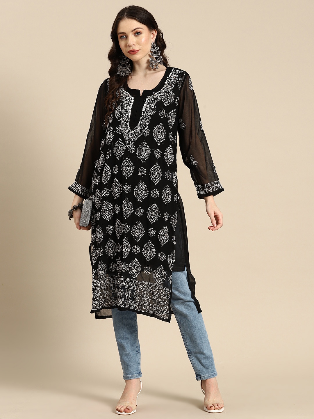 

Saadgi Women Embroidered Chikankari Mirror Work Georgette Kurta, Black