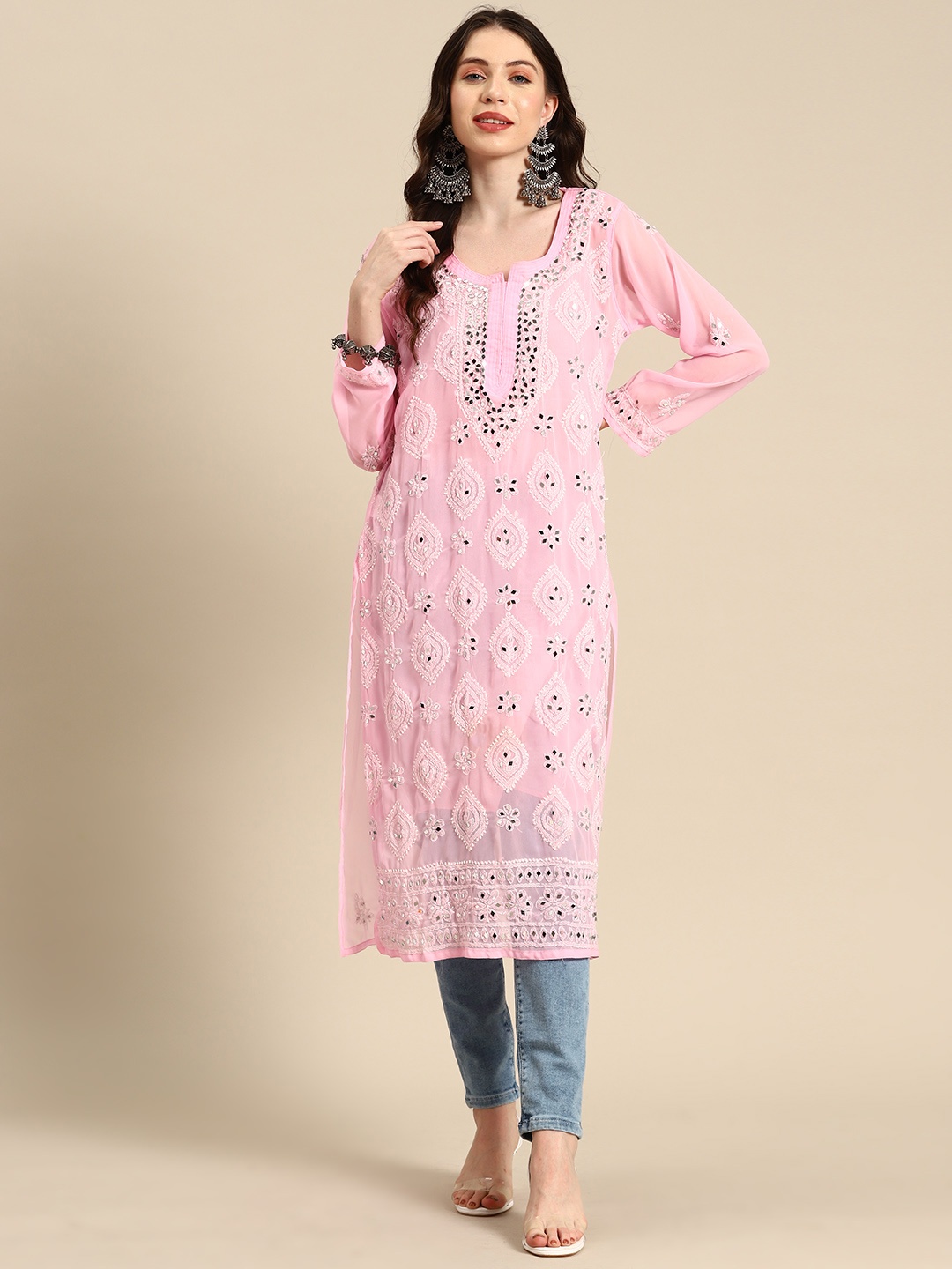 

Saadgi Women Embroidered Chikankari Mirror Work Georgette Kurta, Pink
