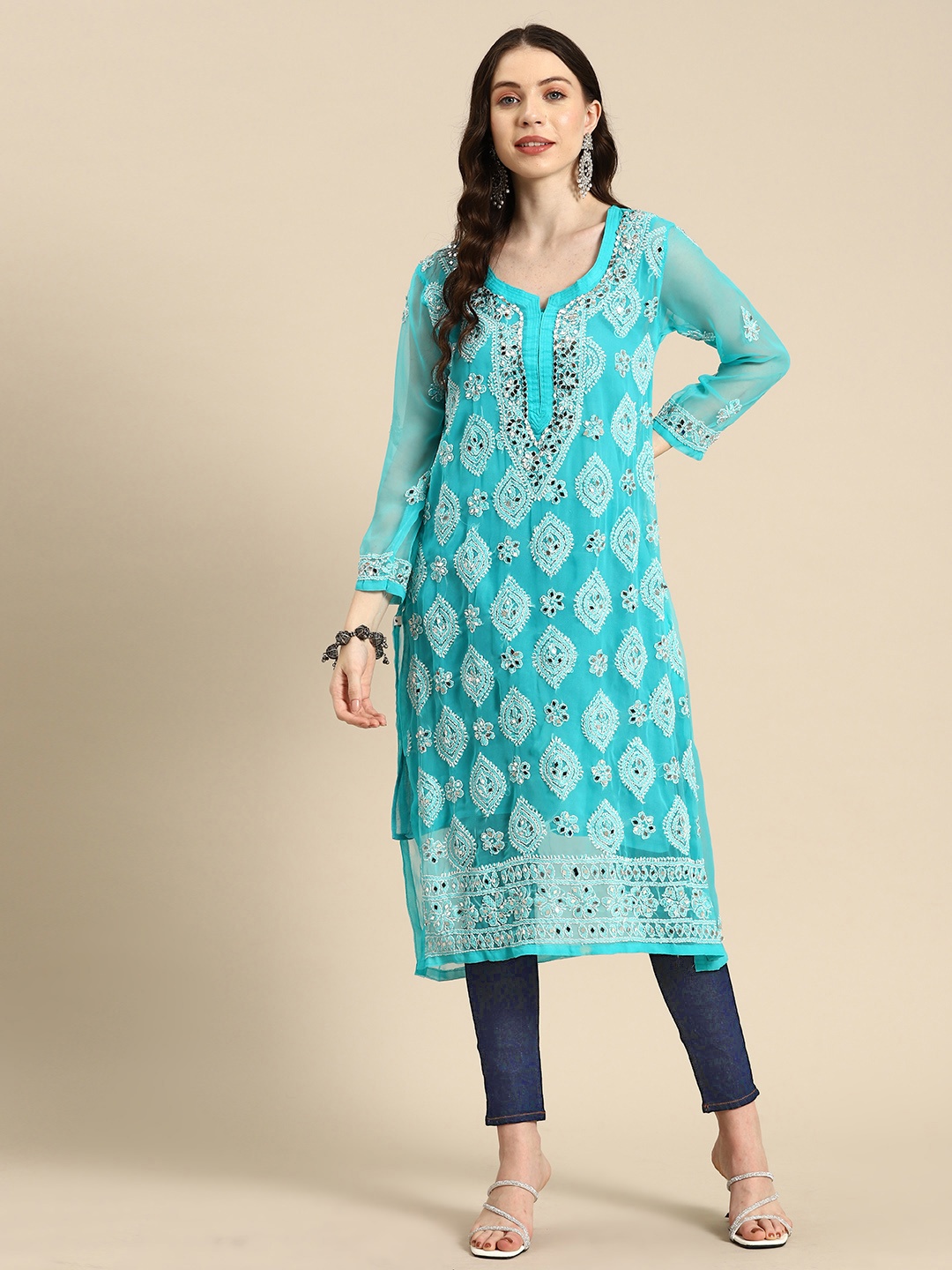 

Saadgi Embroidered Chikankari Mirror Work Shadow Work Kurta, Turquoise blue