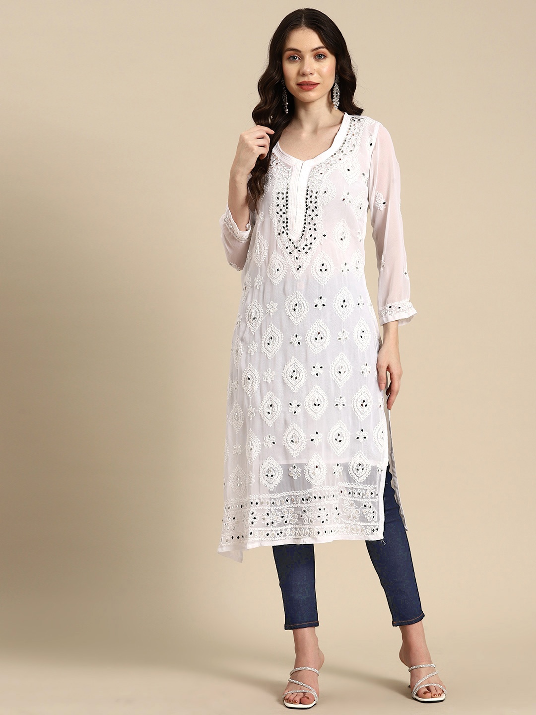 

Saadgi Embroidered Chikankari Mirror Work Shadow Work Kurta, White
