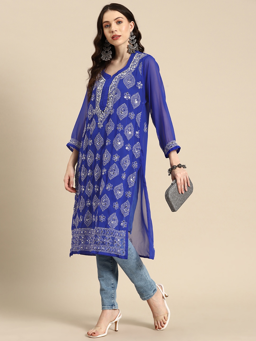 

Saadgi Embroidered Chikankari Sweetheart Neck Mirror Work Shadow Work Fusion Kurta, Blue