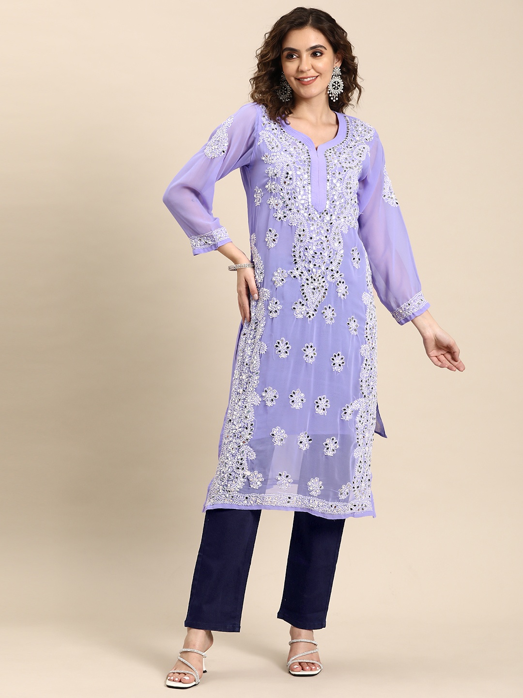 

Saadgi Women Embroidered Chikankari Mirror Work Georgette Kurta, Mauve