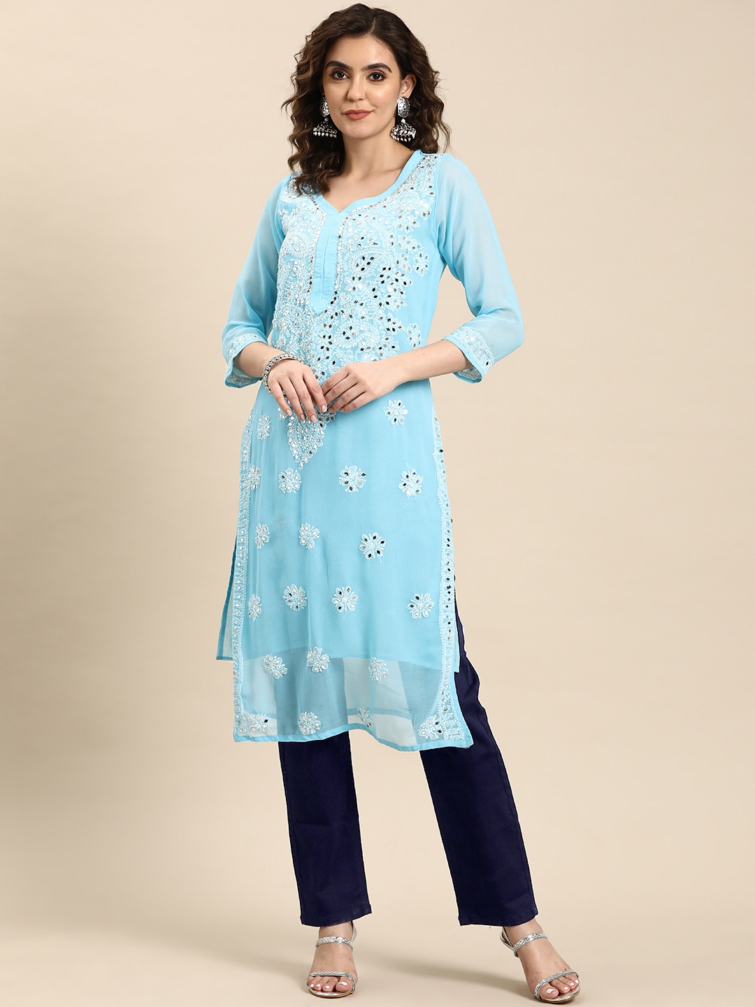 Saadgi Women Embroidered Chikankari Mirror Work Georgette Kurta, Blue