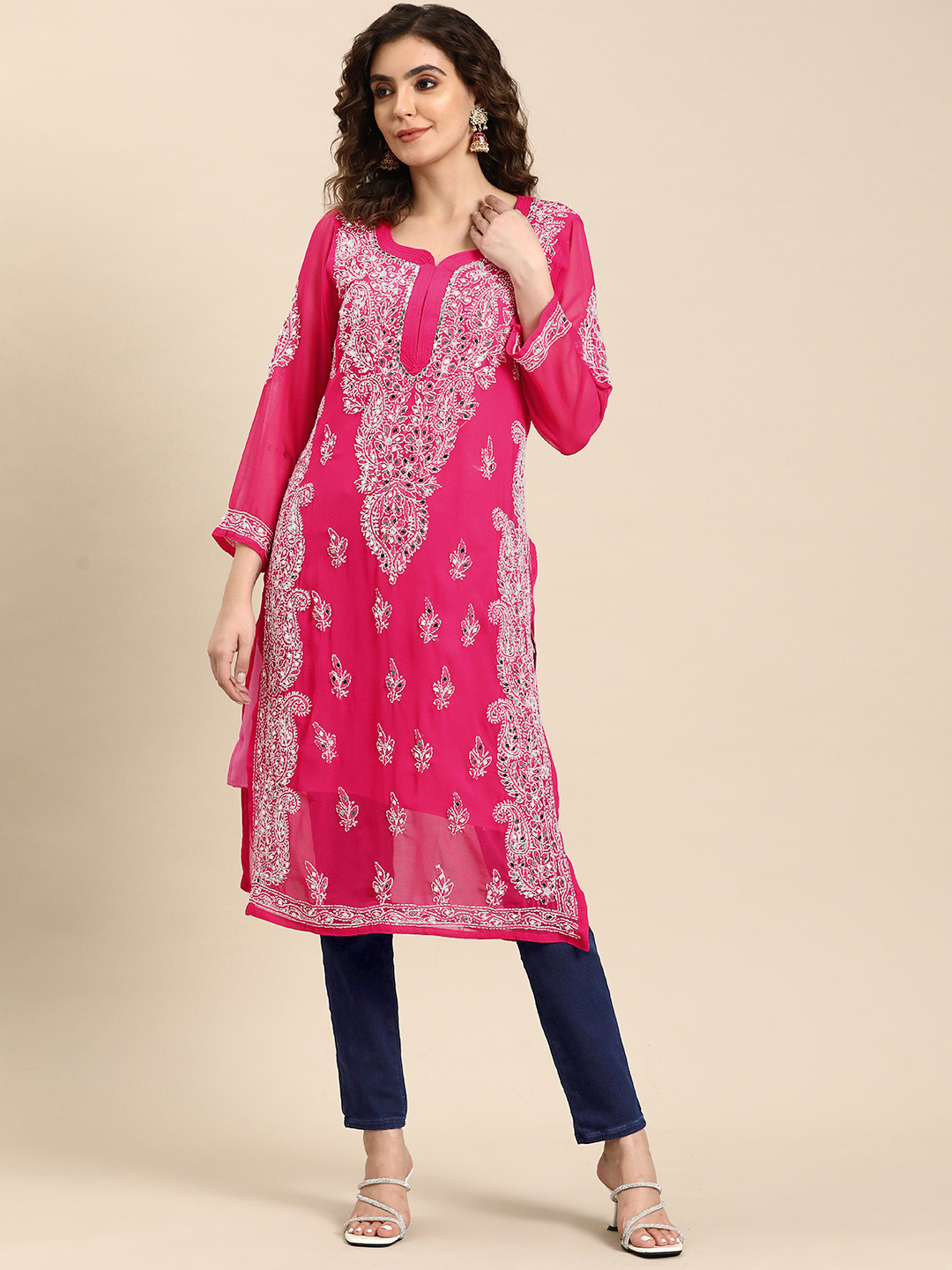 

Saadgi Women Embroidered Chikankari Mirror Work Georgette Kurta, Magenta
