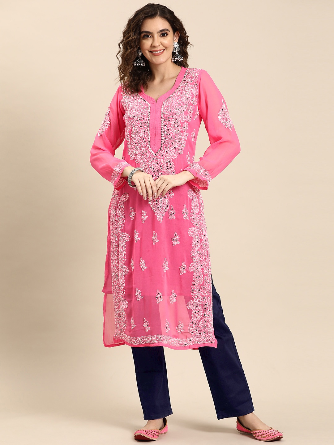 

Saadgi Women Embroidered Chikankari Mirror Work Georgette Kurta, Pink