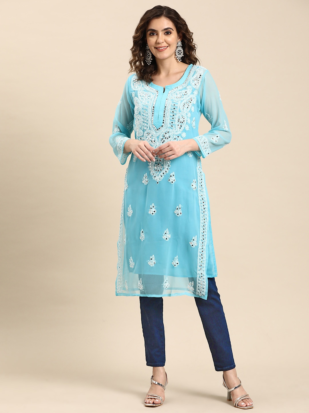 

Saadgi Women Embroidered Chikankari Mirror Work Georgette Kurta, Turquoise blue