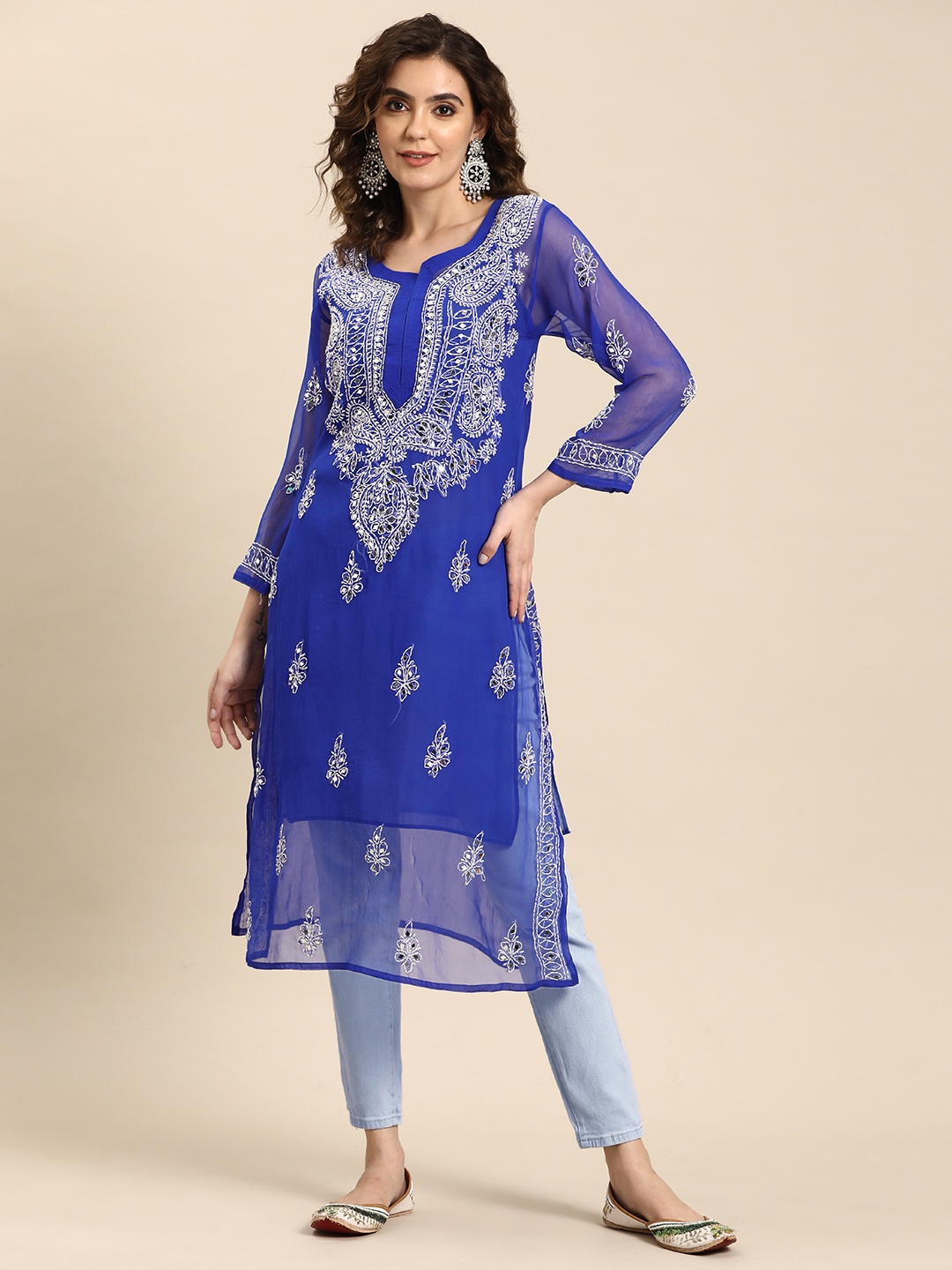 

Saadgi Women Embroidered Chikankari Mirror Work Georgette Kurta, Blue