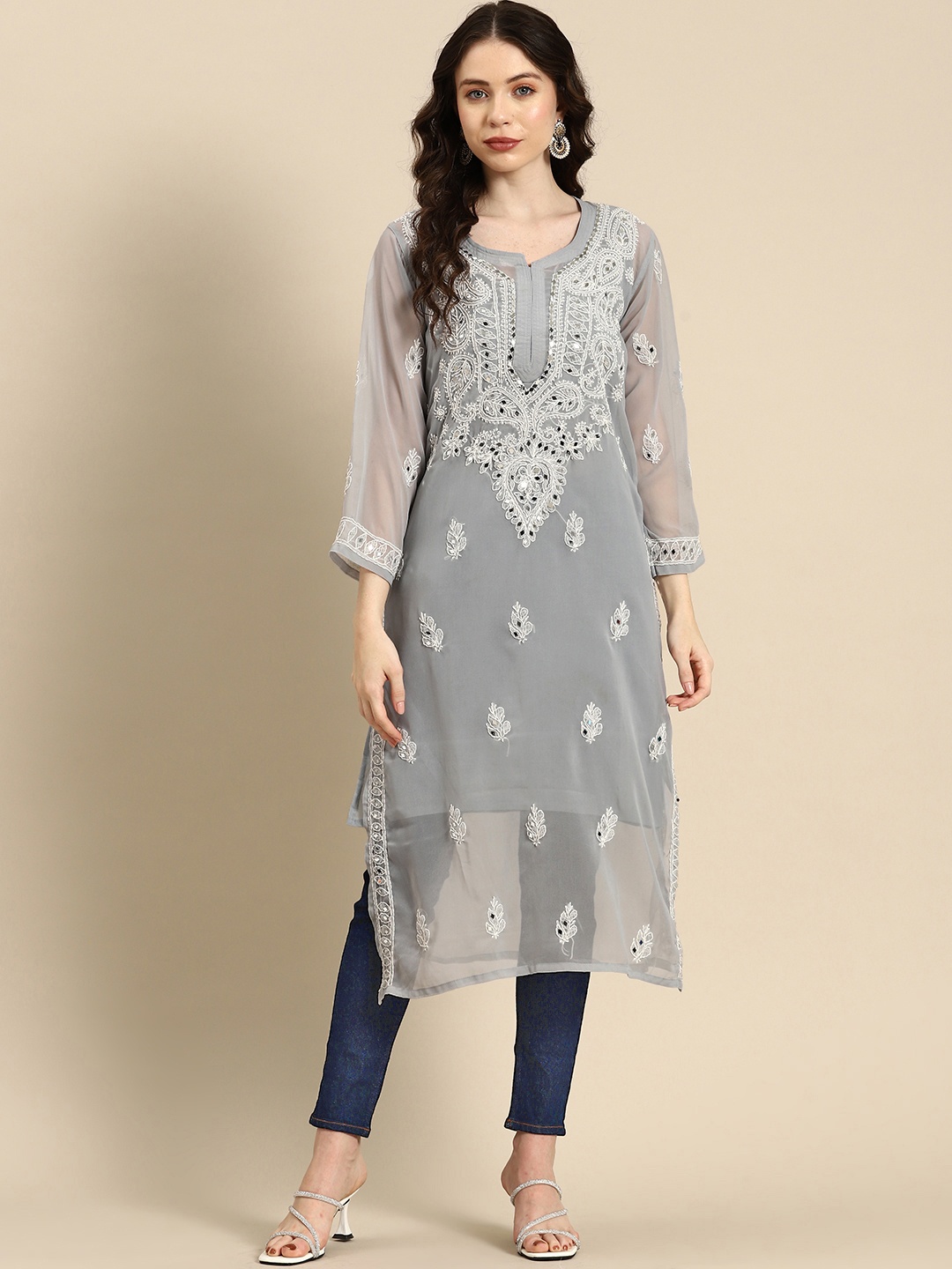 

Saadgi Embroidered Chikankari Mirror Work Shadow Work Kurta, Grey