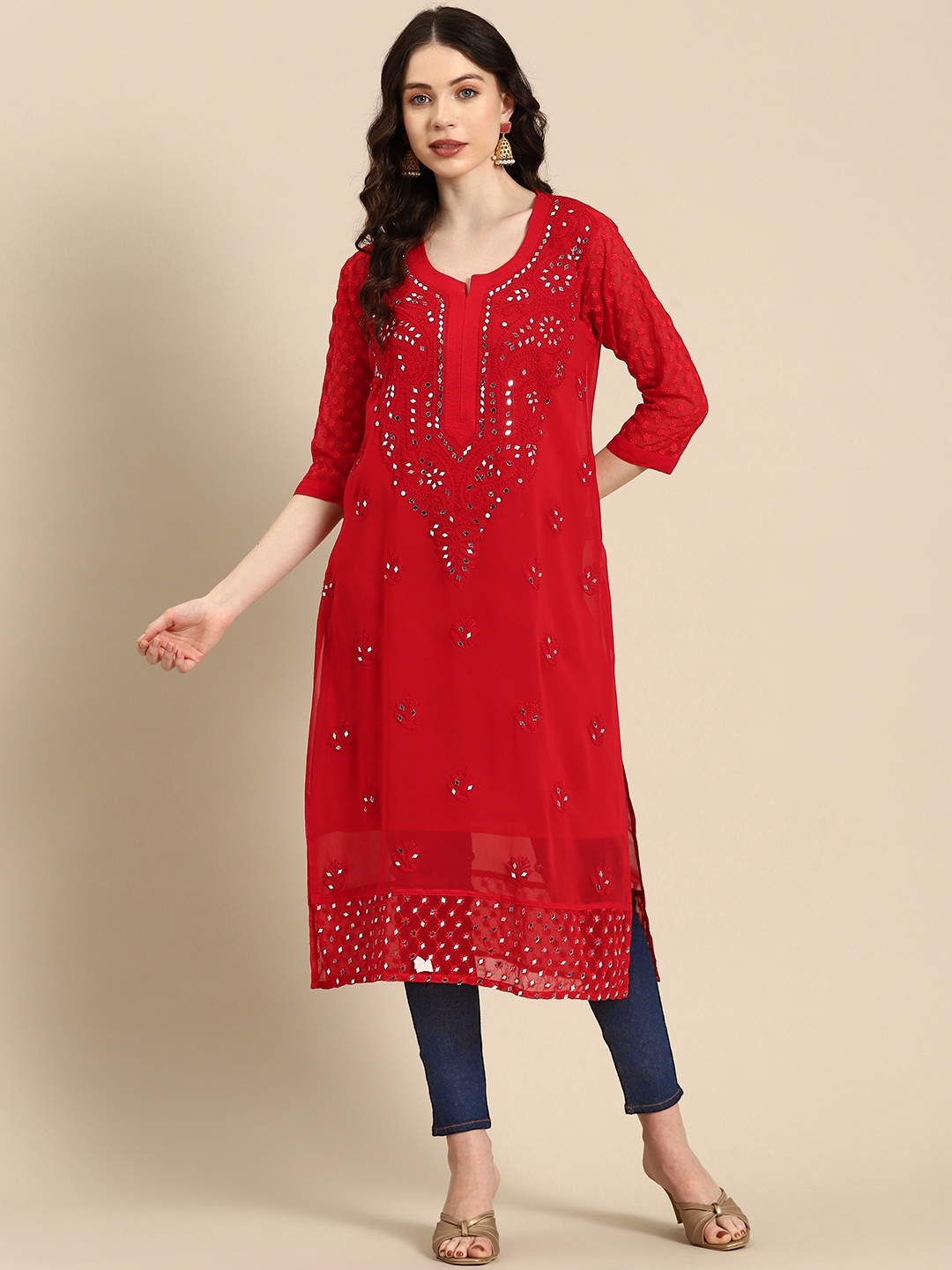 

Saadgi Embroidered Chikankari Mirror Work Shadow Work Kurta, Red