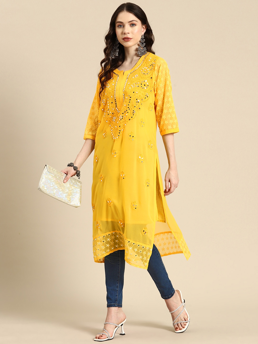 

Saadgi Embroidered Chikankari Mirror Work Shadow Work Kurta, Mustard