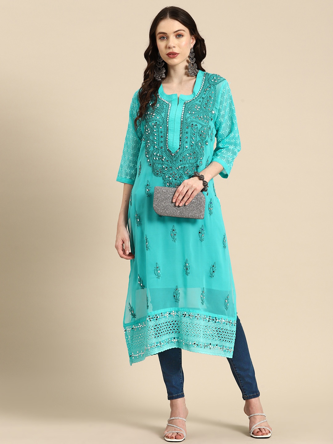 

Saadgi Embroidered Chikankari Mirror Work Shadow Work Kurta, Turquoise blue