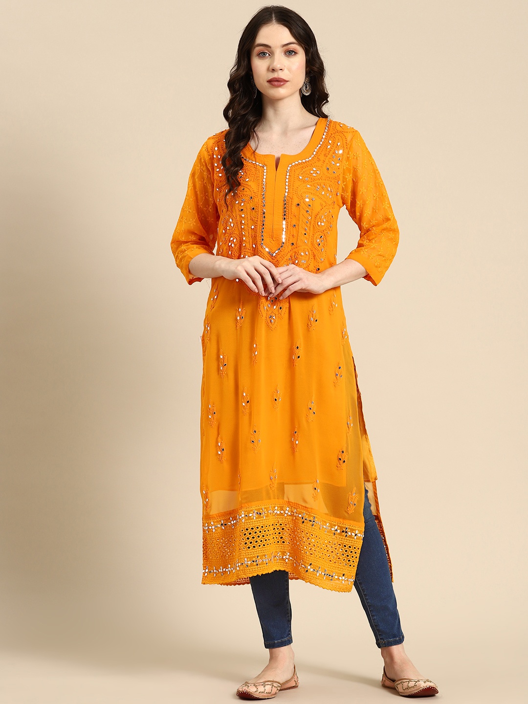 

Saadgi Embroidered Chikankari Mirror Work Shadow Work Kurta, Mustard