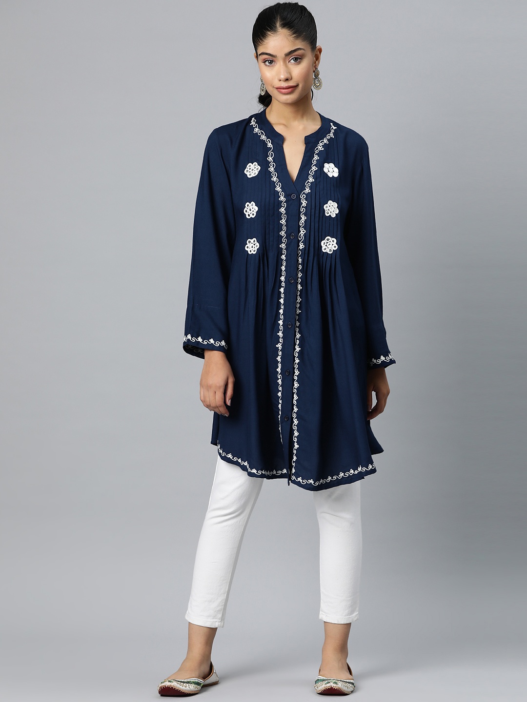 

Rang Gali Floral Embroidered Mirror Work Modal Mirror Work Pleated Kurti, Navy blue