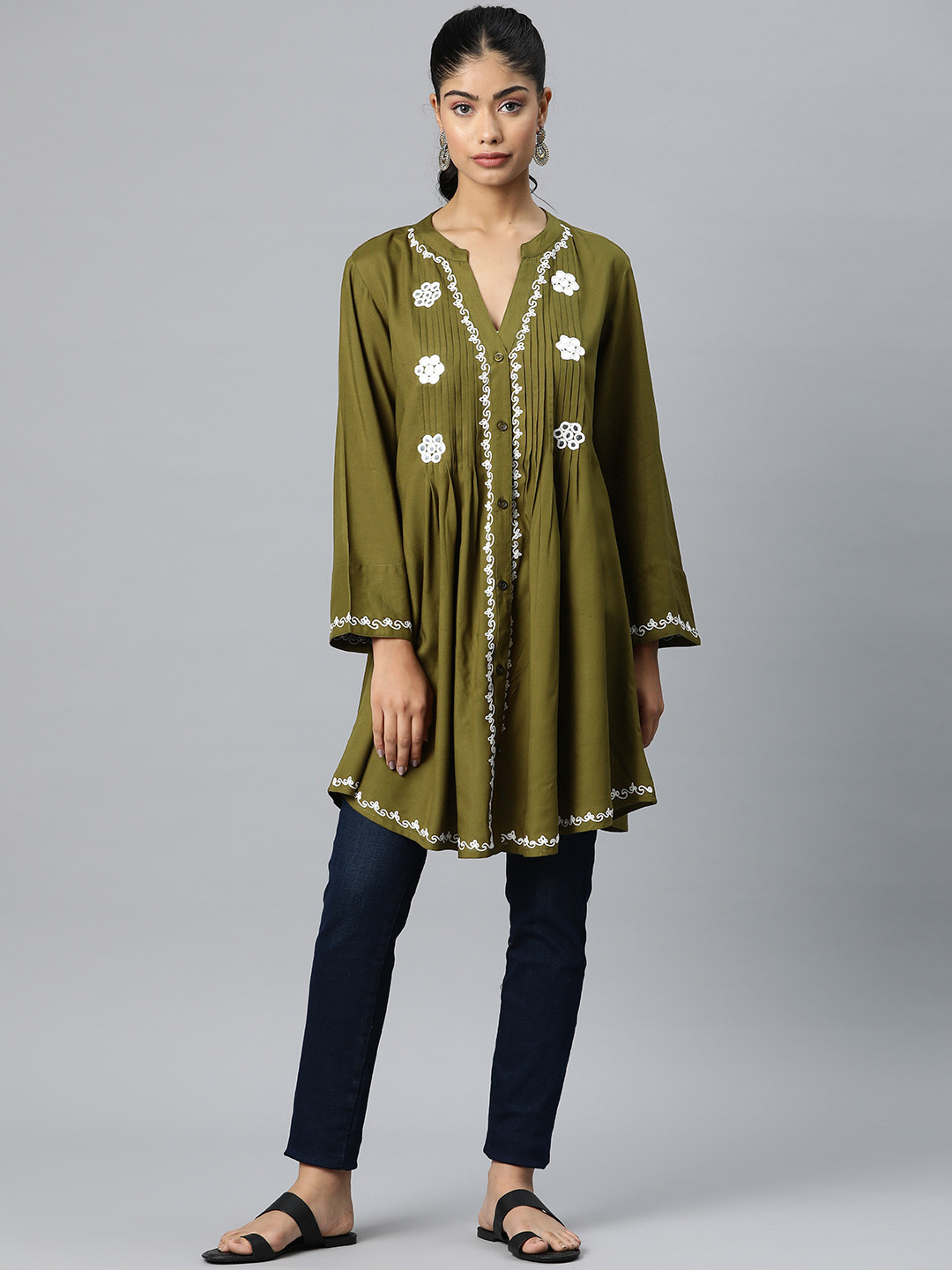 

Rang Gali Floral Embroidered Mirror Work Modal Mirror Work Pleated Kurti, Olive