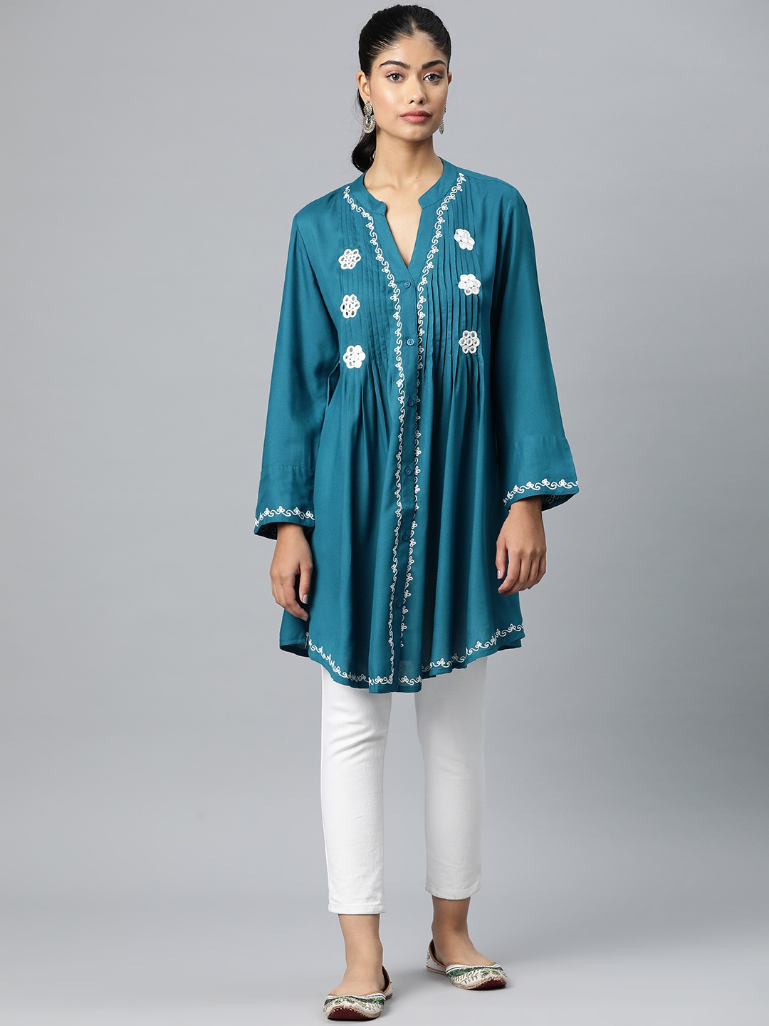 

Rang Gali Floral Embroidered Mirror Work Modal Mirror Work Pleated Kurti, Teal