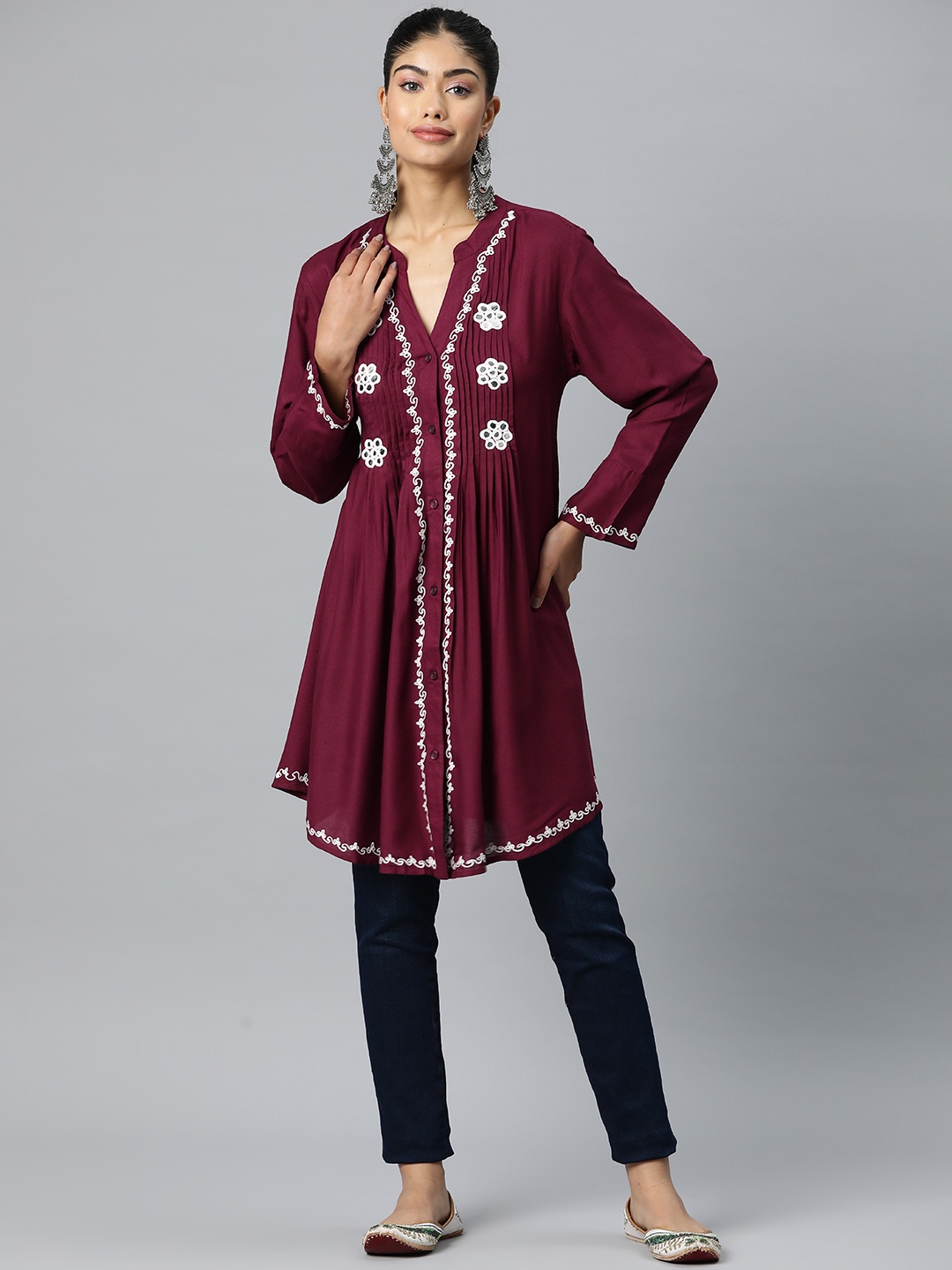 

Rang Gali Floral Embroidered Mirror Work Modal Mirror Work Pleated Kurti, Maroon