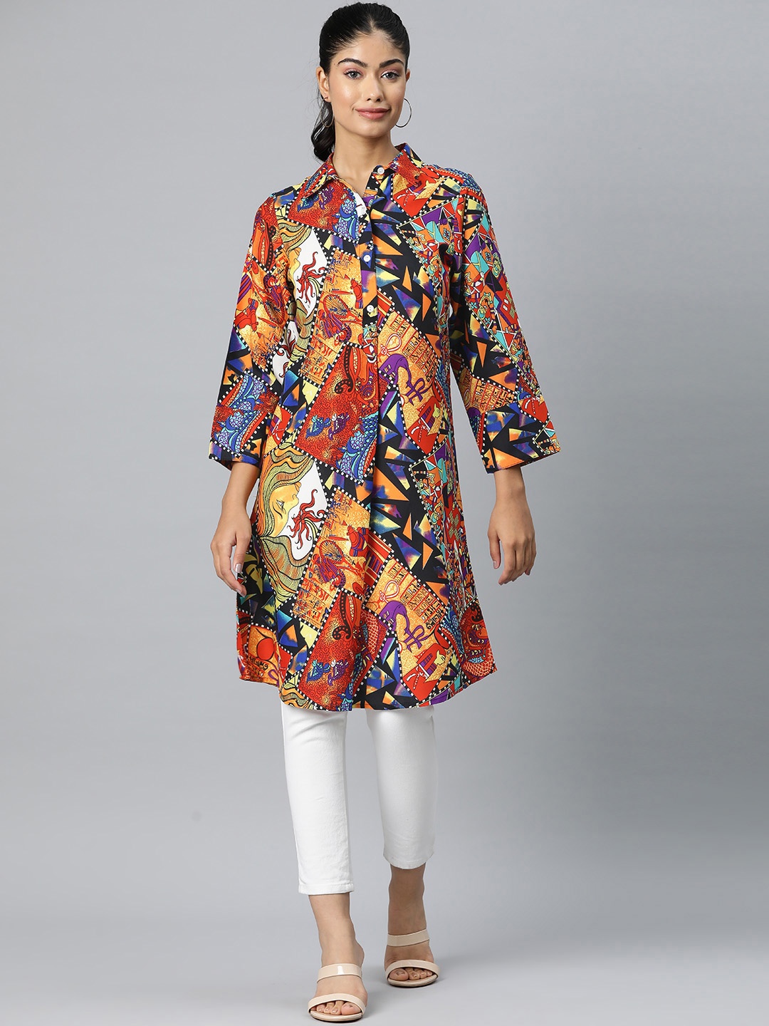 

Rang Gali Abstract Printed Shirt Collar Modal Kurti, Orange