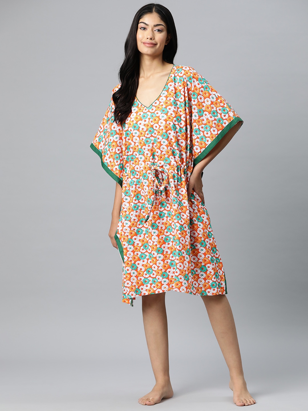 

Vemante Floral Printed Pure Cotton Kaftan Nightdress, Orange