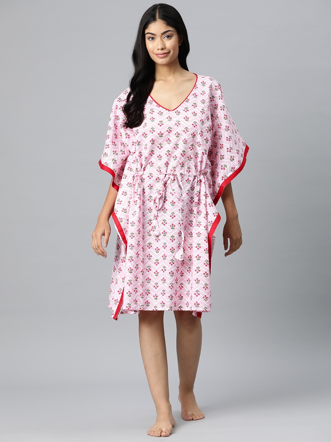 

Vemante Floral Printed Pure Cotton Kaftan Nightdress, Pink