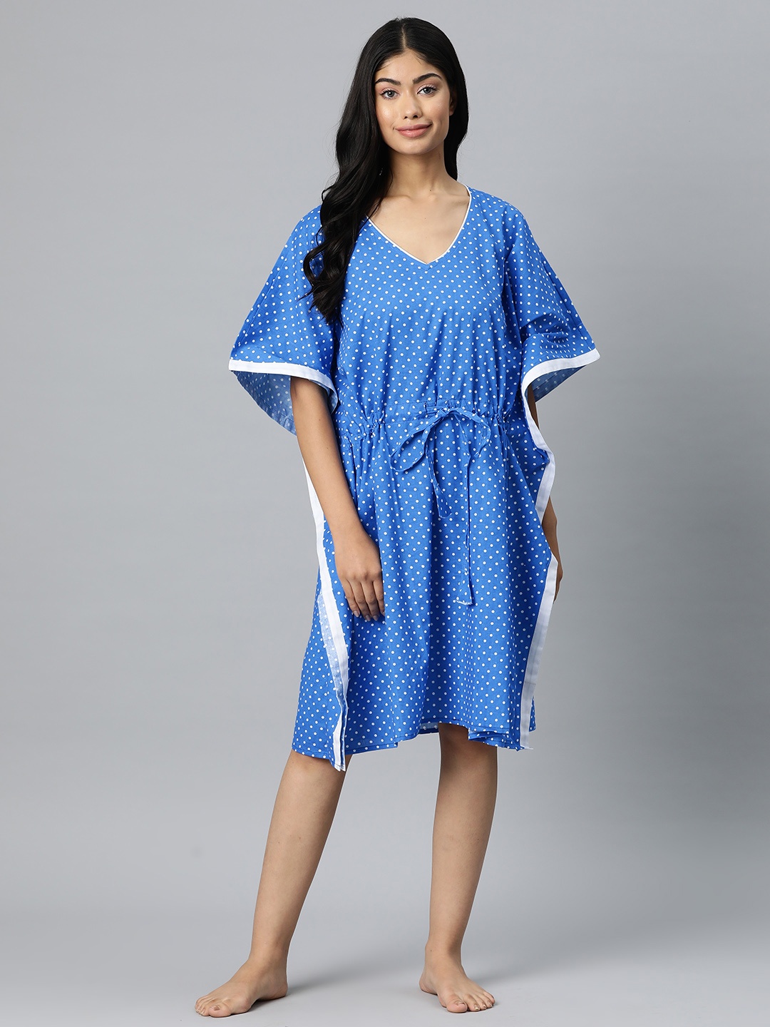 

Vemante Polka Dots Printed Pure Cotton Kaftan Nightdress, Blue