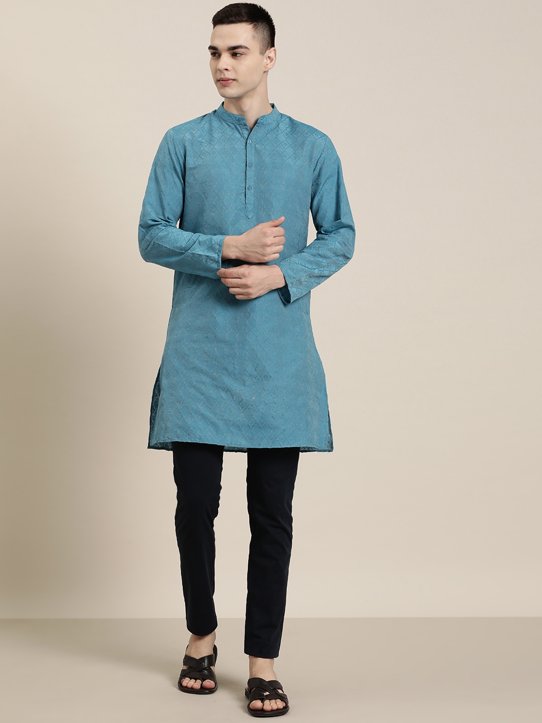 

HERE&NOW Men Woven Design Geometric Kurta, Blue